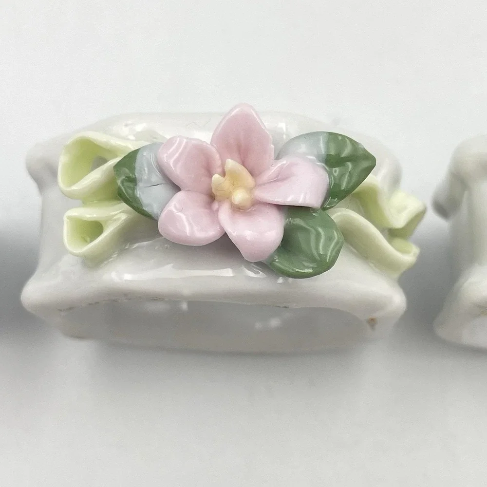 Vintage 1980s Porcelain Floral Napkin Rings Set of 6 Applied Flowers Pastel